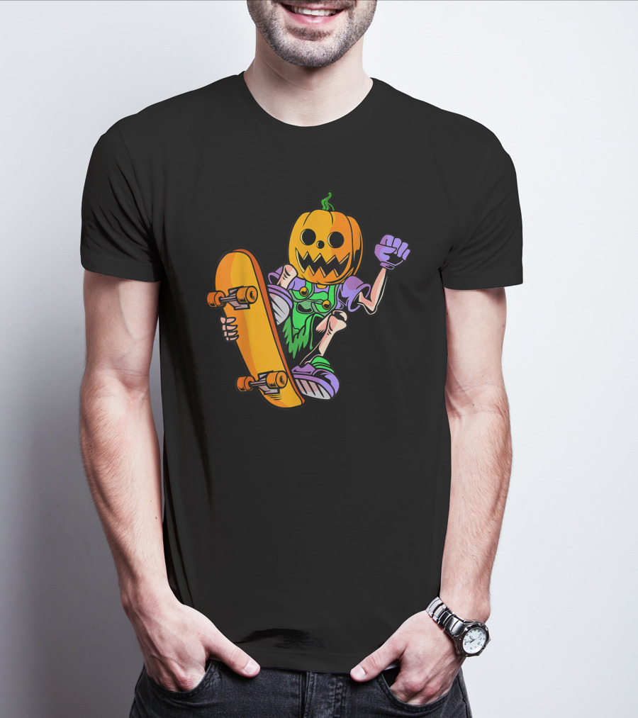 Pumpkin Head Trick Skateboarding With Halloween T-Shirt
