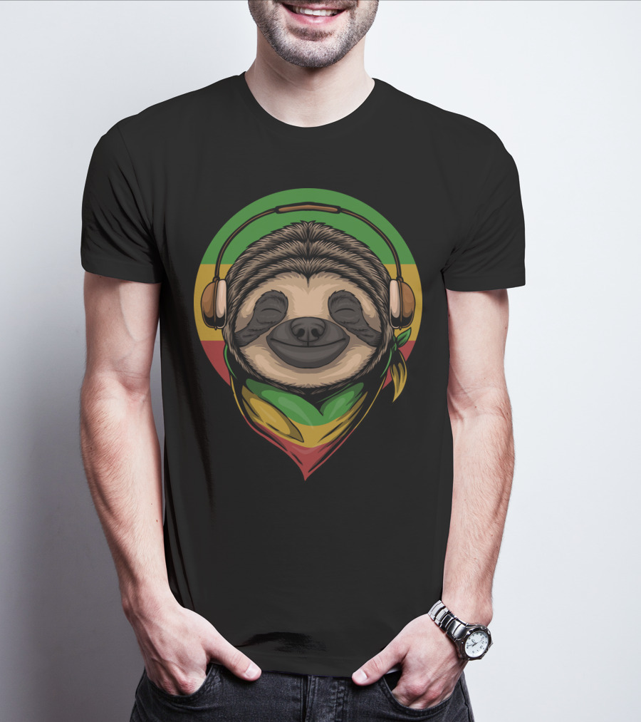 Sloth Rasta Headphones Rasta Colors T-Shirt