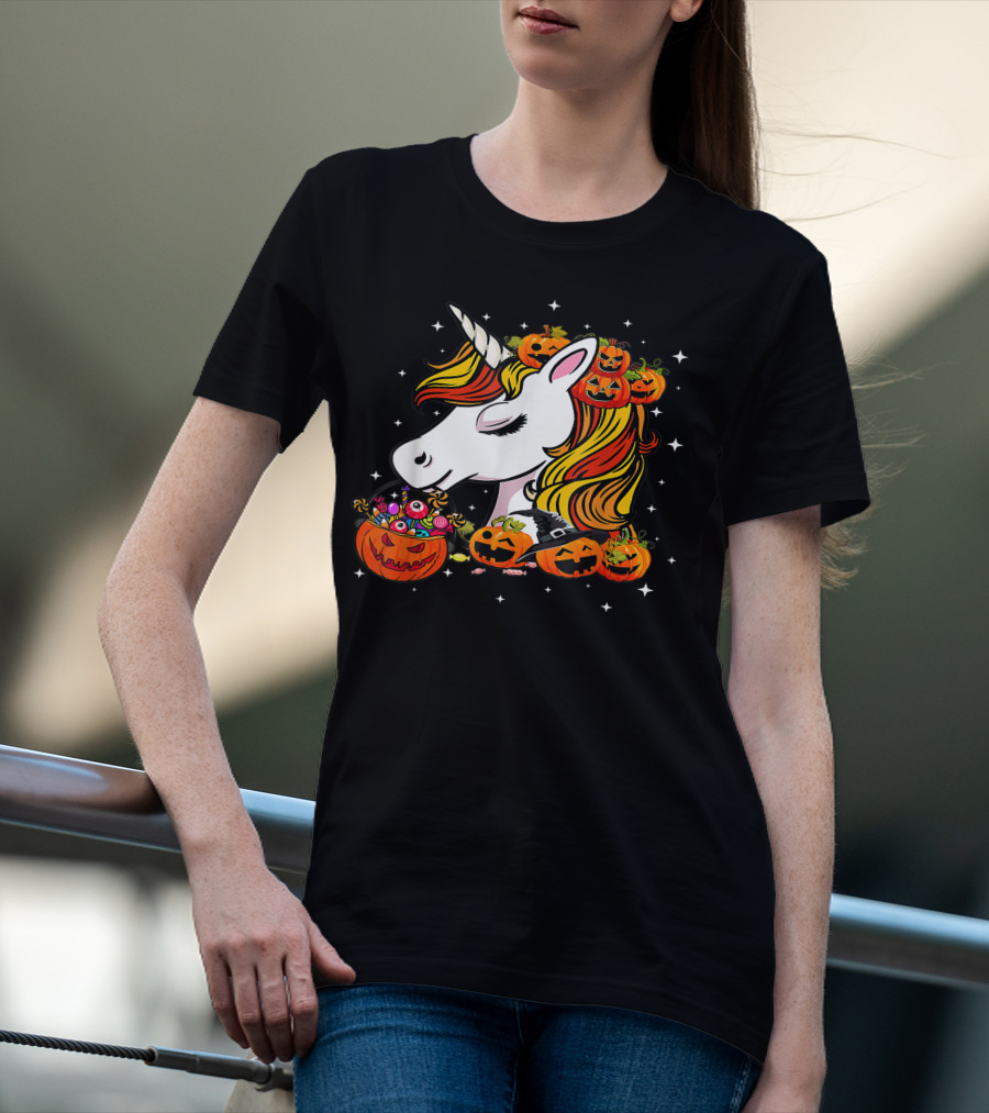 Candy Corn Unicorn Surrounded By Jack-O-Lanterns And Candy-Eyed Treats Halloween T-Shirt