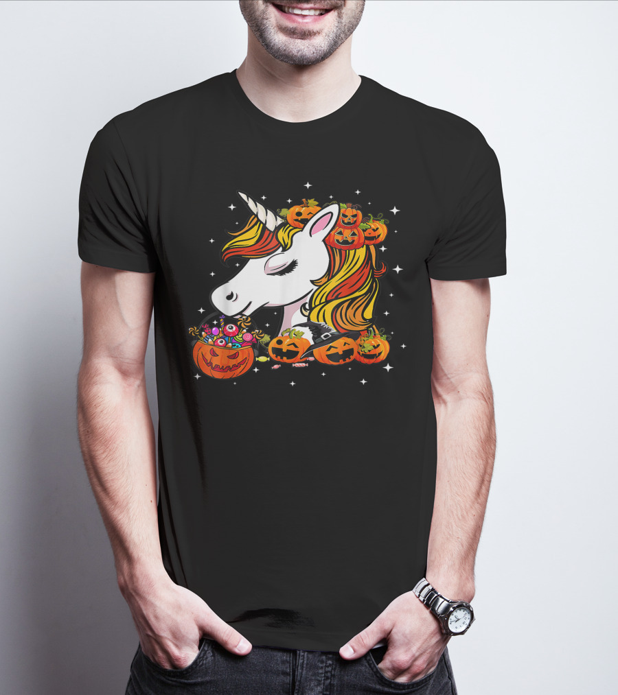 Candy Corn Unicorn Surrounded By Jack-O-Lanterns And Candy-Eyed Treats Halloween T-Shirt