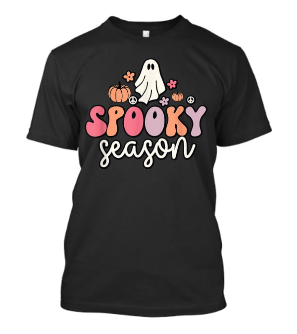 Groovy Ghost Spooky Season With Pumpkins Peace Flowers T-Shirt