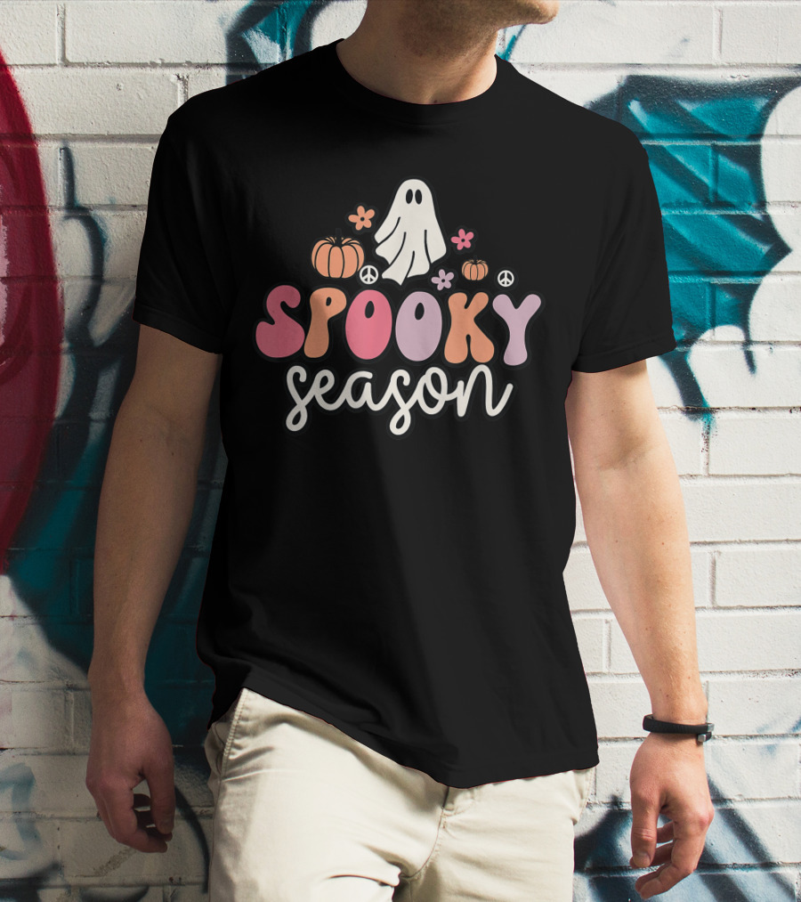 Groovy Ghost Spooky Season With Pumpkins Peace Flowers T-Shirt