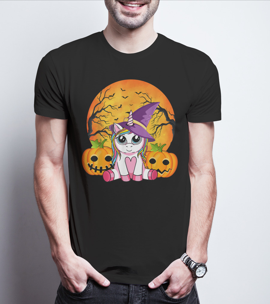 Witchy Unicorn Halloween With Pumpkins And Full Moon T-Shirt