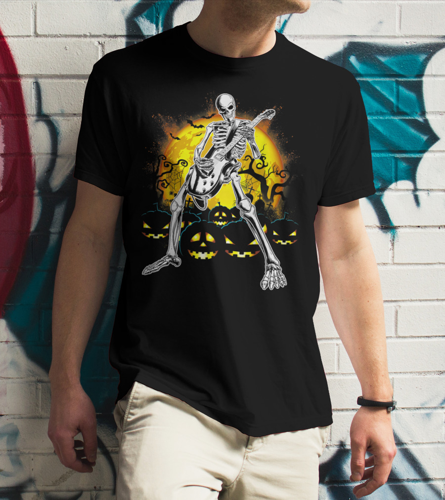 Skeleton Rocking Guitar Halloween Pumpkin Scene T-Shirt