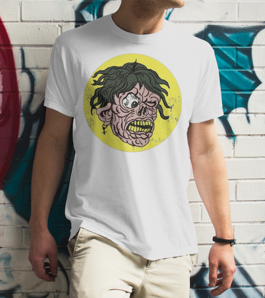 Rebel Zombie Grinning Undead Head With Cross Earring On Yellow Circle T-Shirt