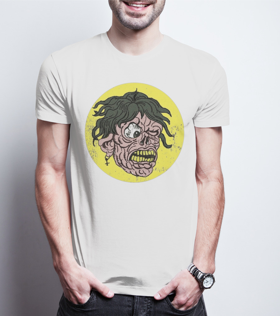 Rebel Zombie Grinning Undead Head With Cross Earring On Yellow Circle T-Shirt