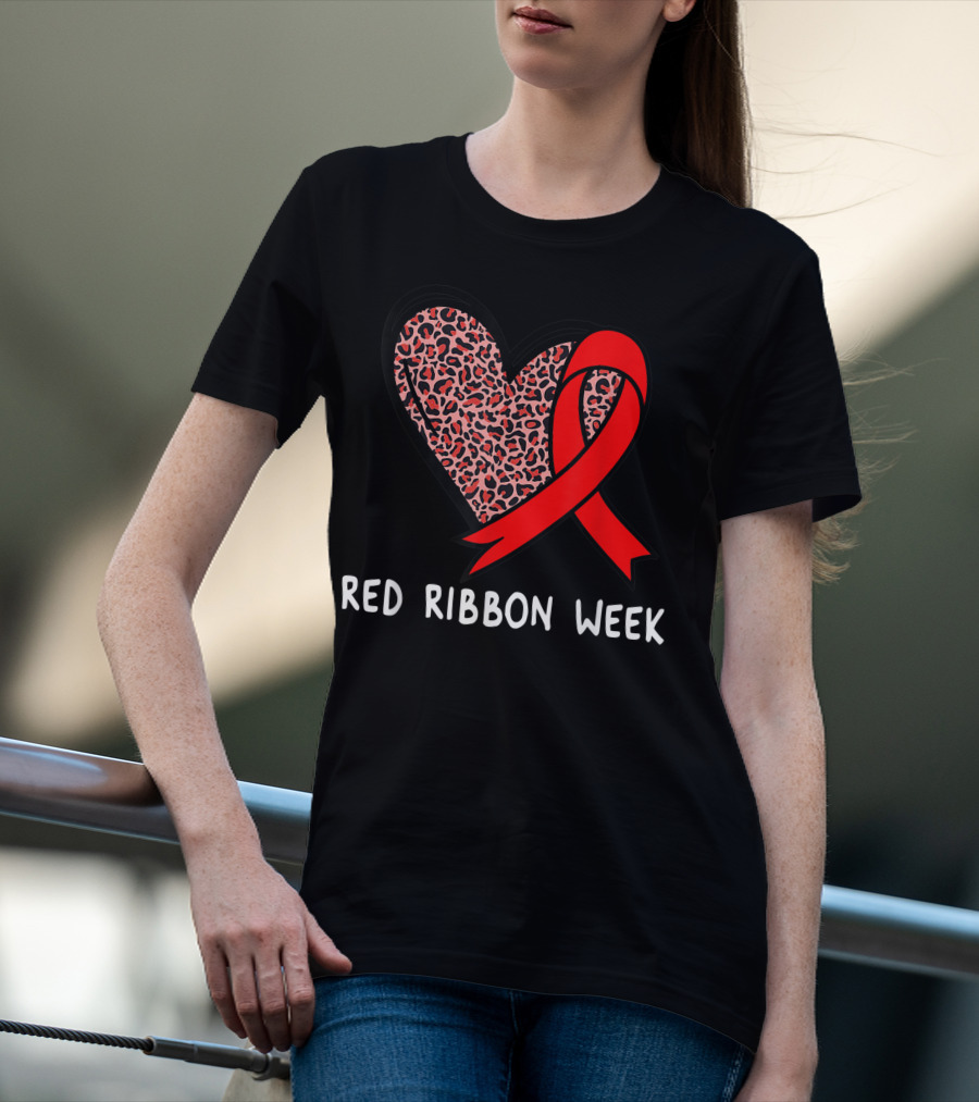 Red Ribbon Week Leopard Print Heart T-Shirt