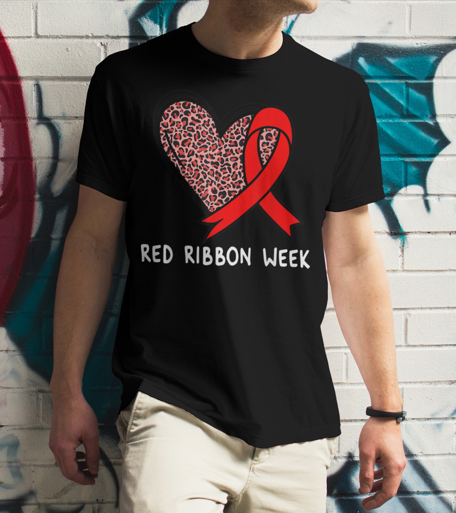Red Ribbon Week Leopard Print Heart T-Shirt