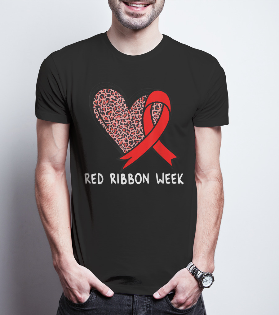 Red Ribbon Week Leopard Print Heart T-Shirt