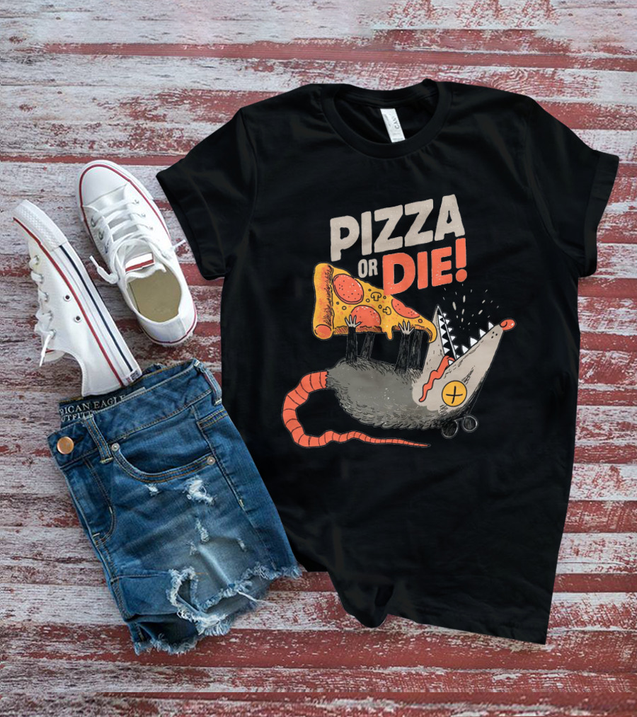Pizza Or Die Rat Holding Pepperoni Slice T-Shirt