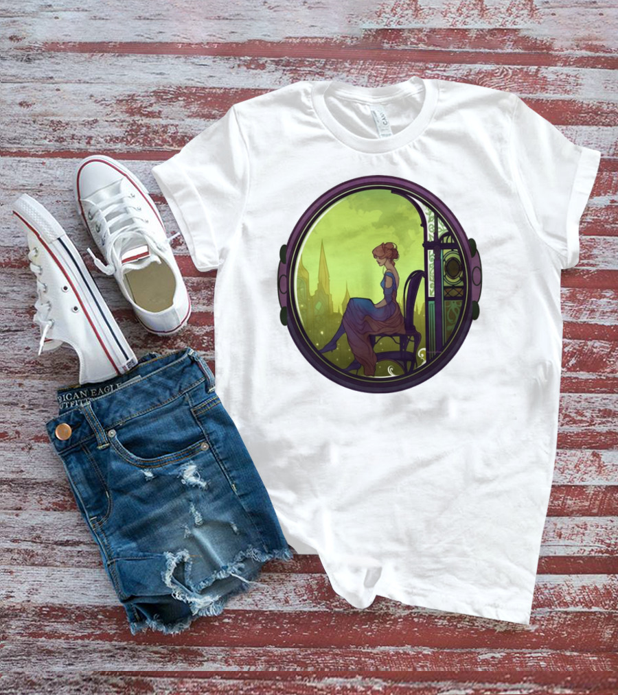 Mysterious Pensive Woman In Enchanted Gothic Cityscape T-Shirt