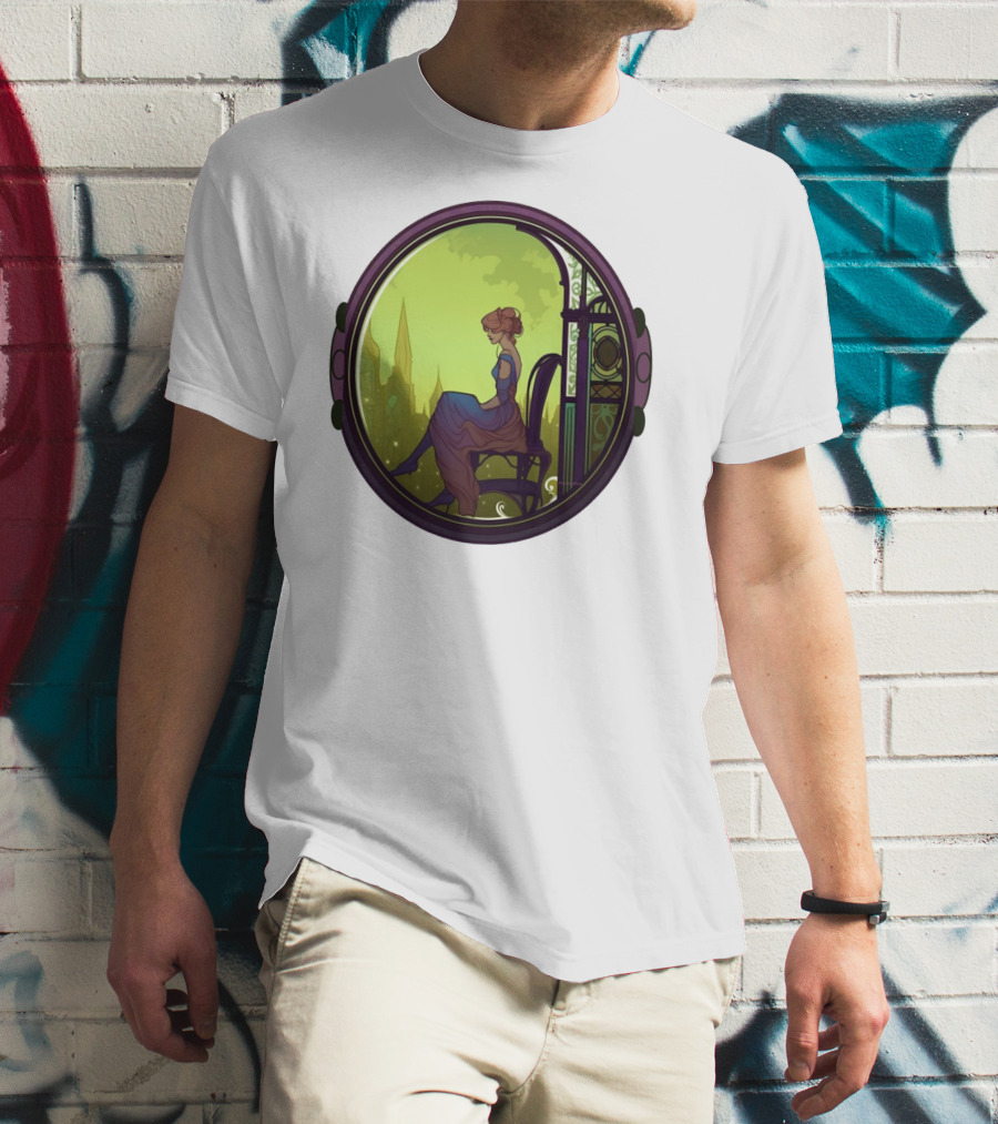 Mysterious Pensive Woman In Enchanted Gothic Cityscape T-Shirt