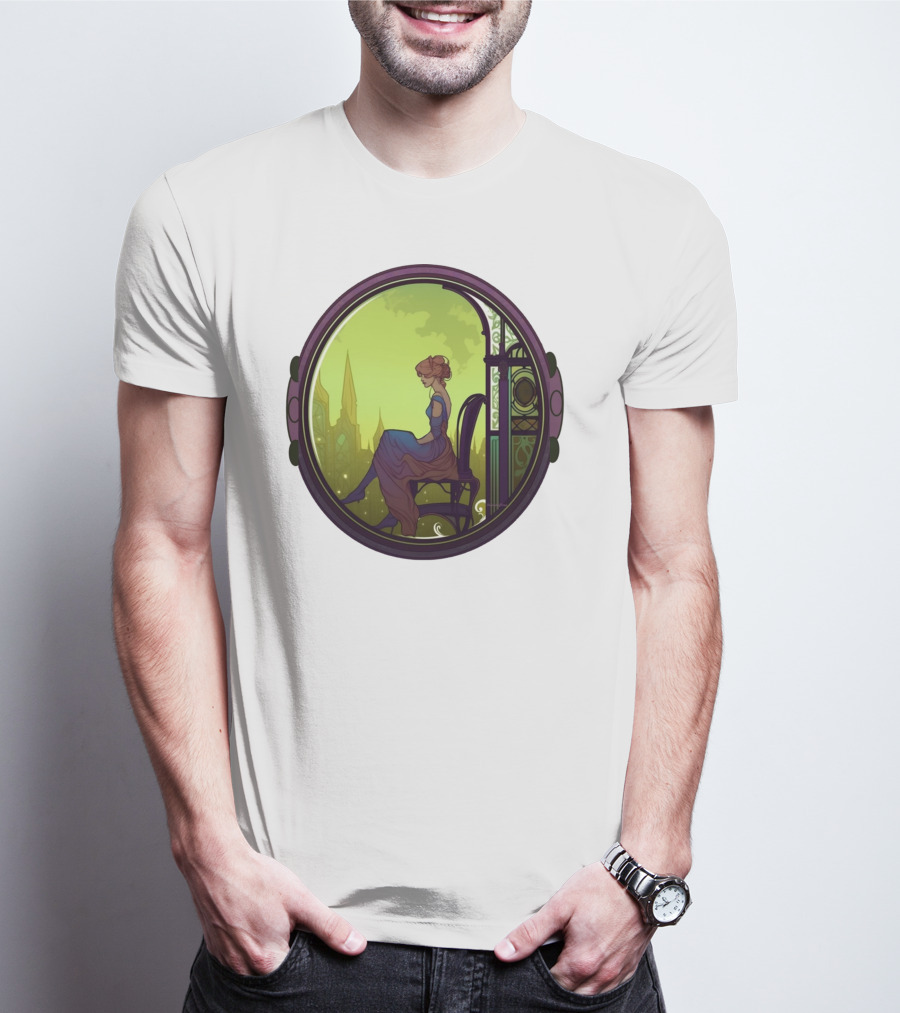Mysterious Pensive Woman In Enchanted Gothic Cityscape T-Shirt
