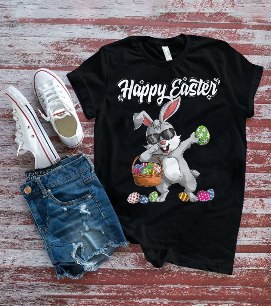 Happy Easter Dabbing Rabbit With Basket And Eggs T-Shirt