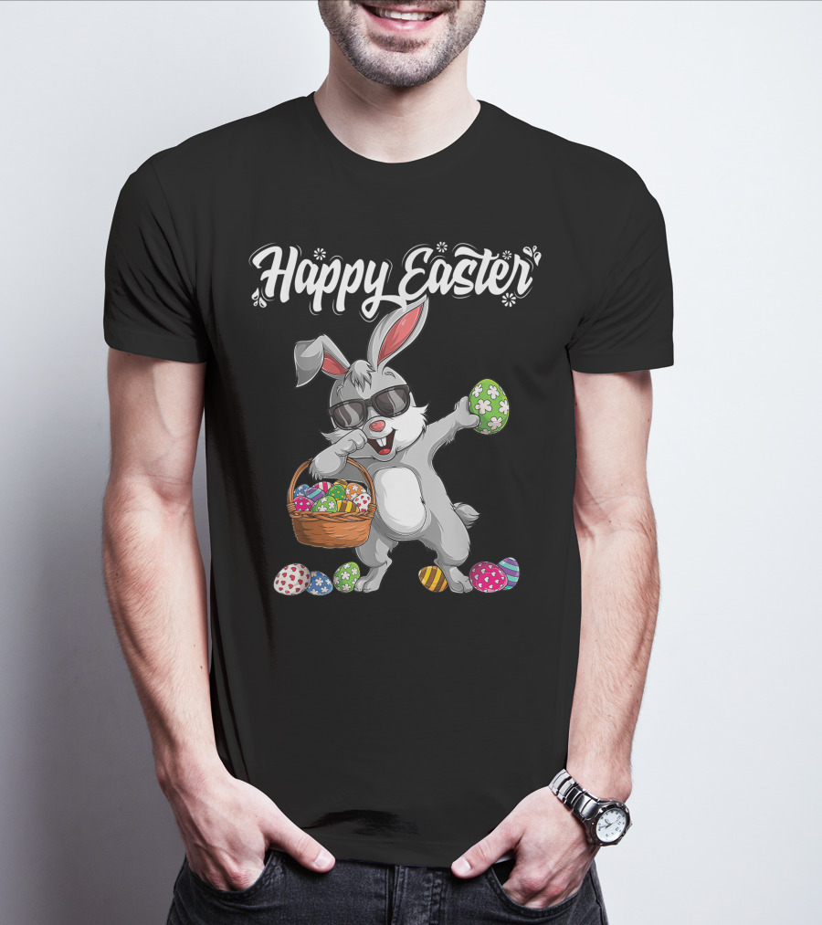 Happy Easter Dabbing Rabbit With Basket And Eggs T-Shirt
