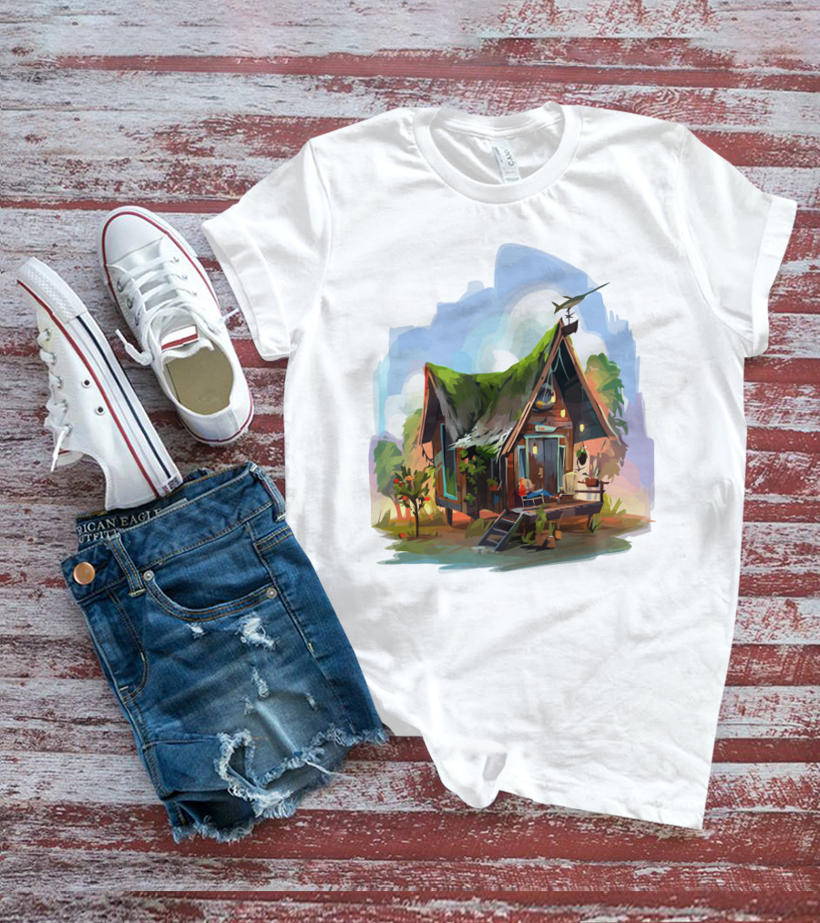 Dream House With Grass Roof And Airplane Sky Scene T-Shirt