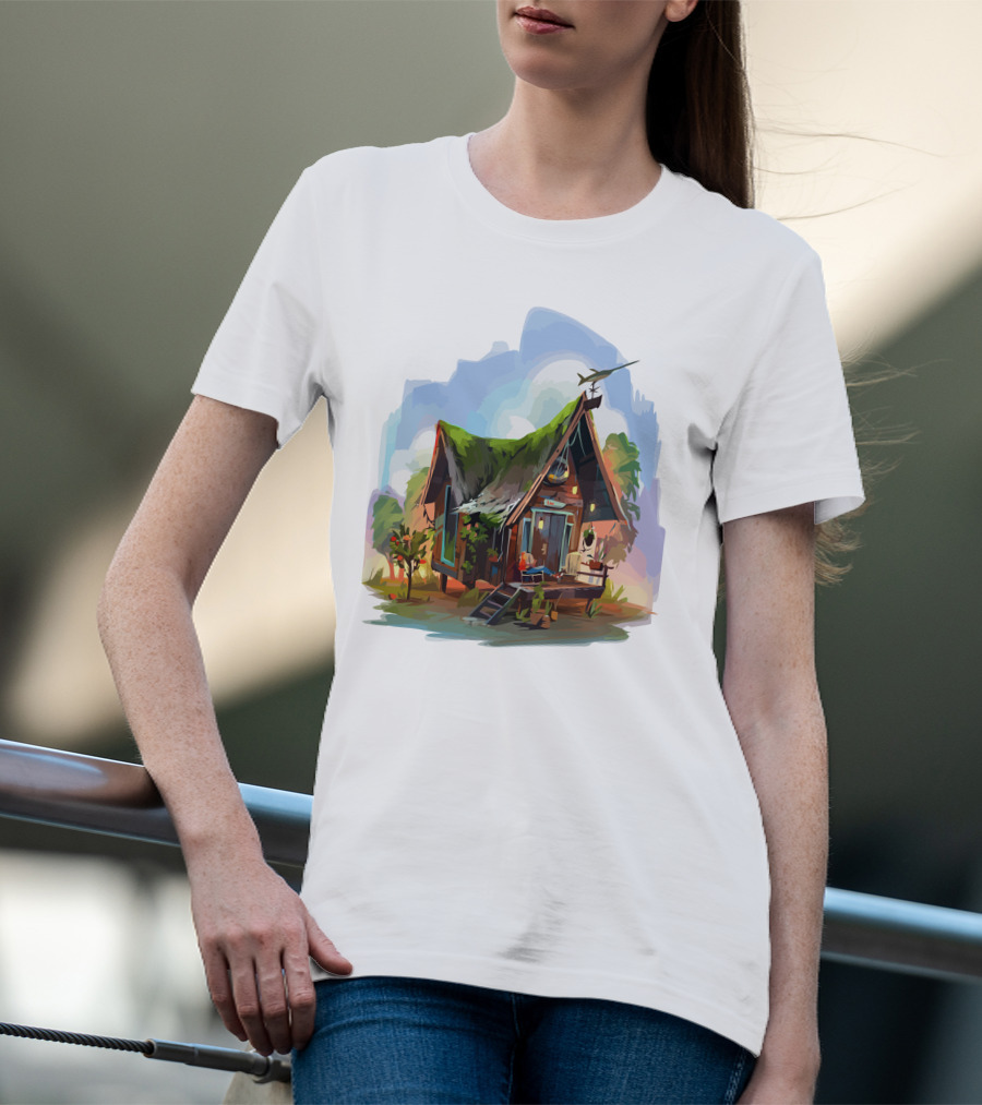 Dream House With Grass Roof And Airplane Sky Scene T-Shirt