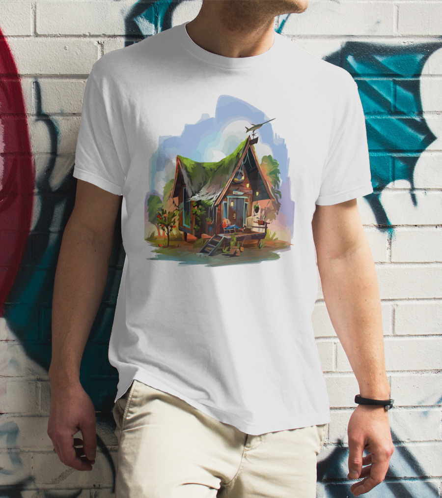 Dream House With Grass Roof And Airplane Sky Scene T-Shirt