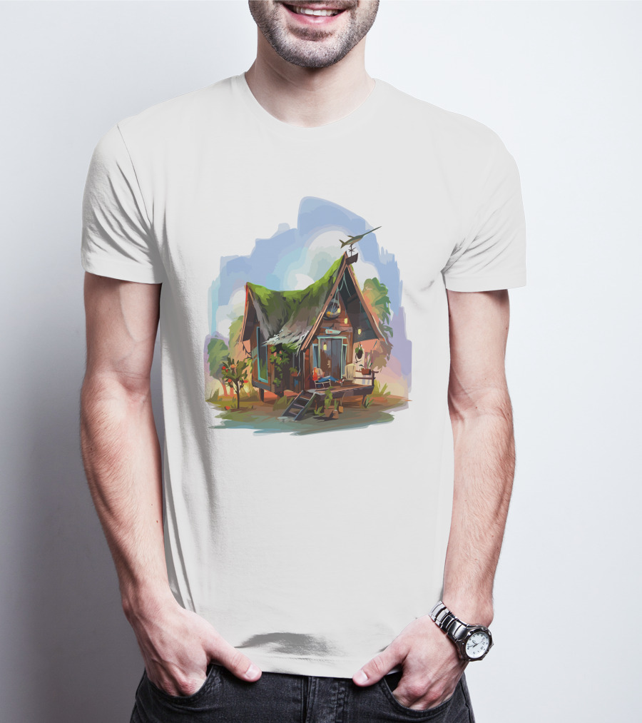 Dream House With Grass Roof And Airplane Sky Scene T-Shirt
