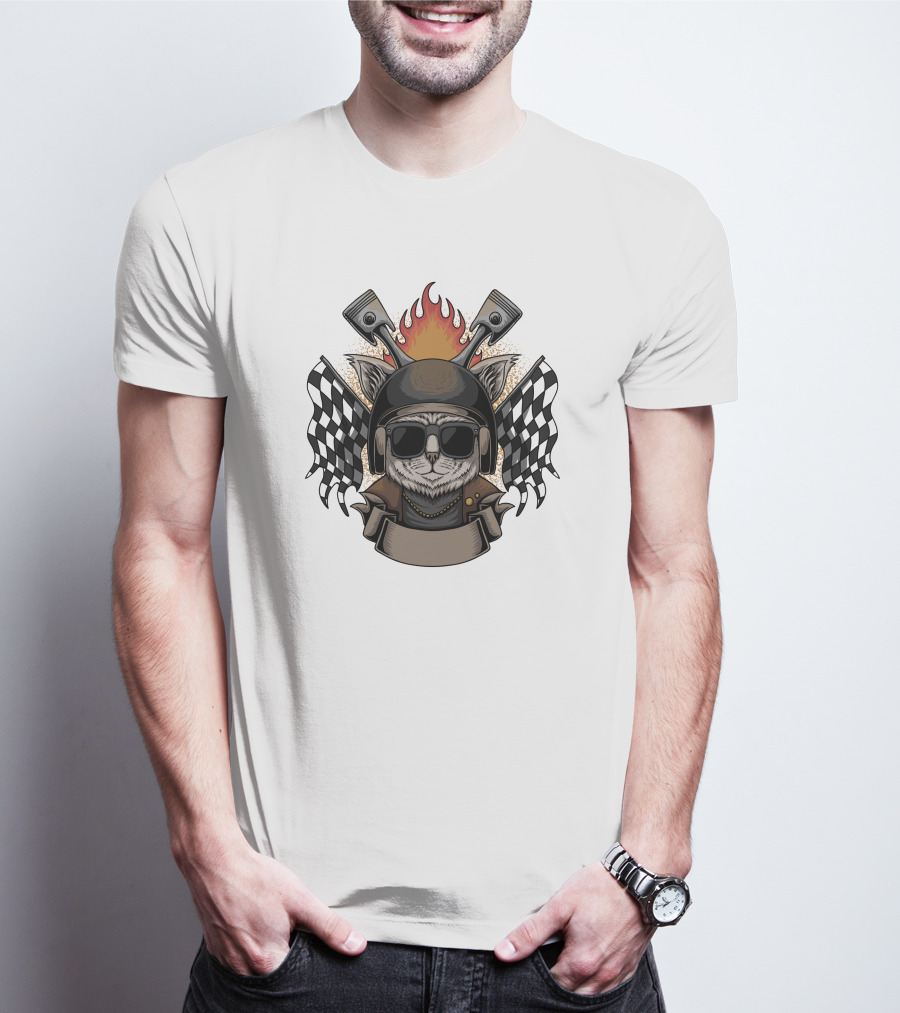 Cat Helmet Motorcycle Flames Checkered Flags Emblem T-Shirt