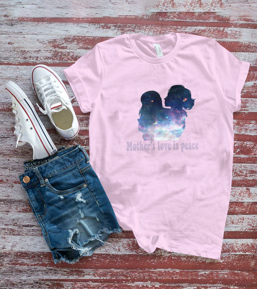 Mother's Love Is Peace Cosmic Silhouette On Pink Background T-Shirt