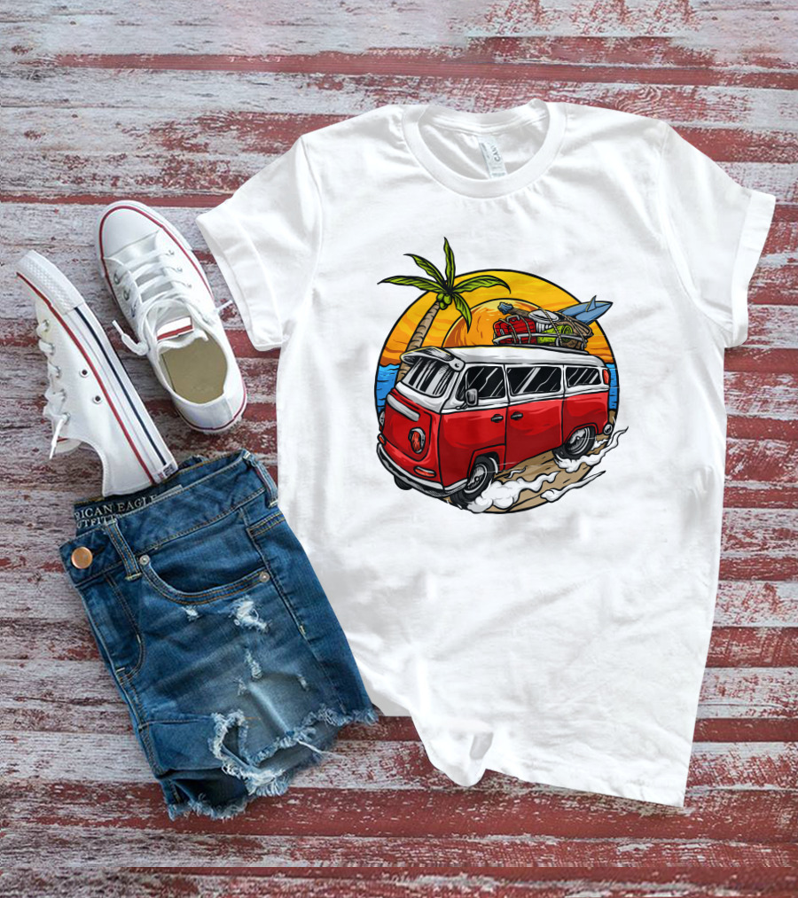Holiday Vintage Car With Sunset Surfboard And Palm Tree Beach Scene T-Shirt