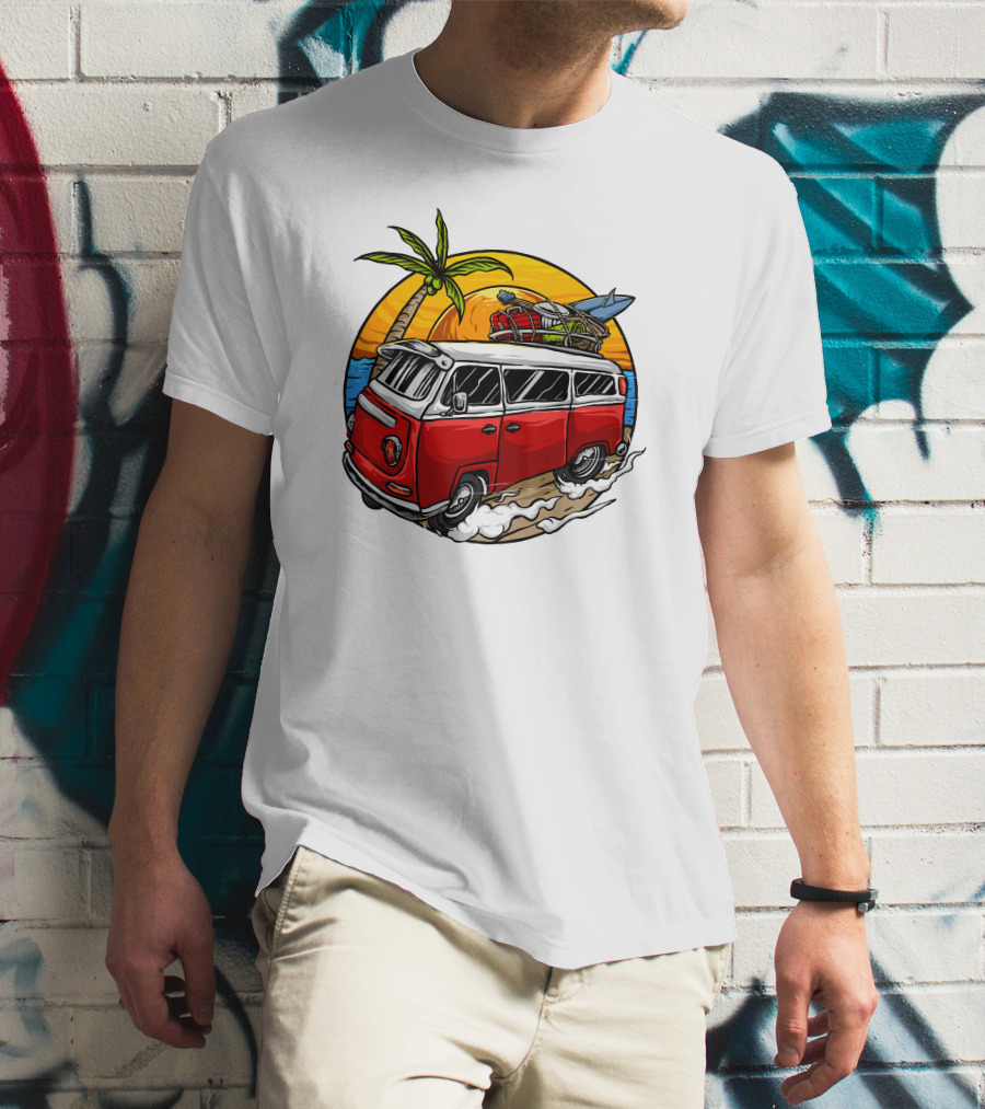 Holiday Vintage Car With Sunset Surfboard And Palm Tree Beach Scene T-Shirt