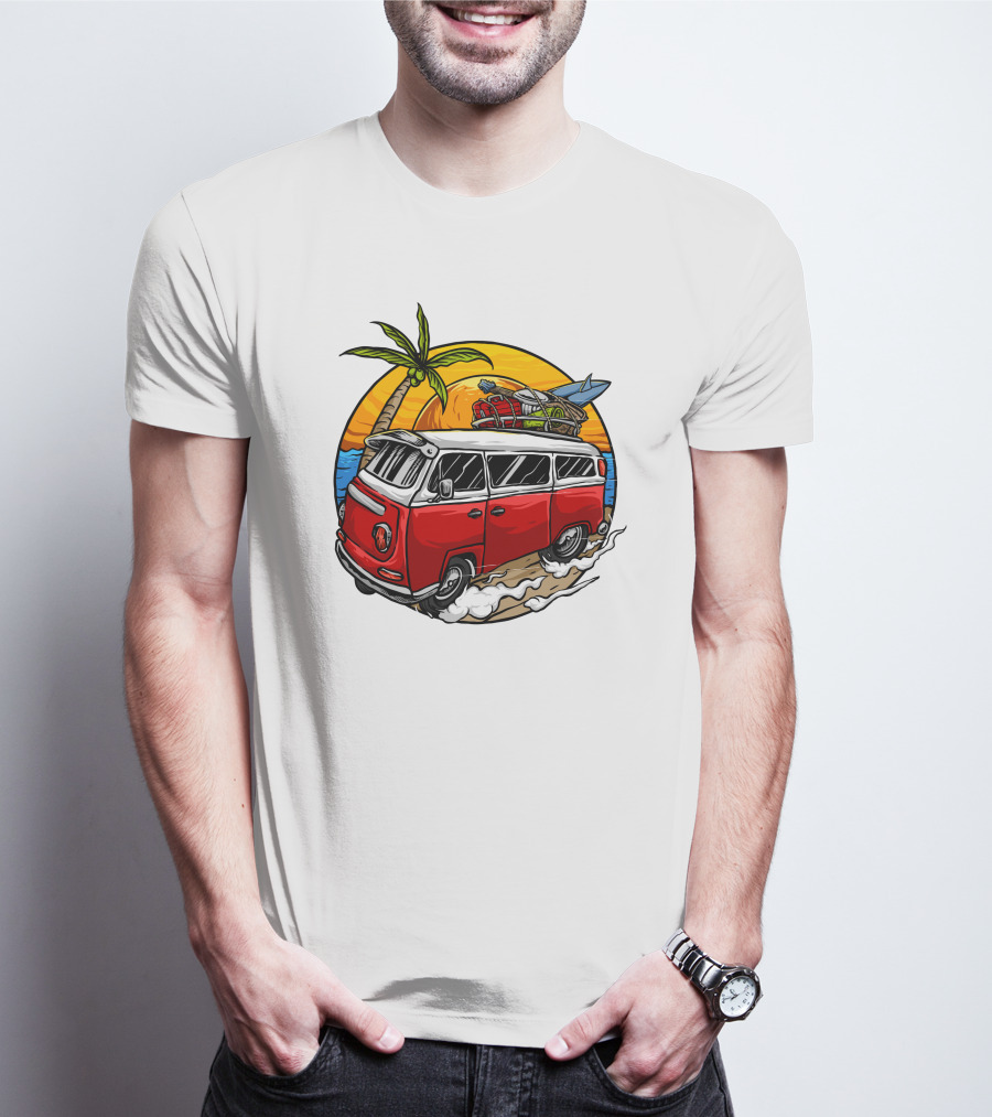 Holiday Vintage Car With Sunset Surfboard And Palm Tree Beach Scene T-Shirt