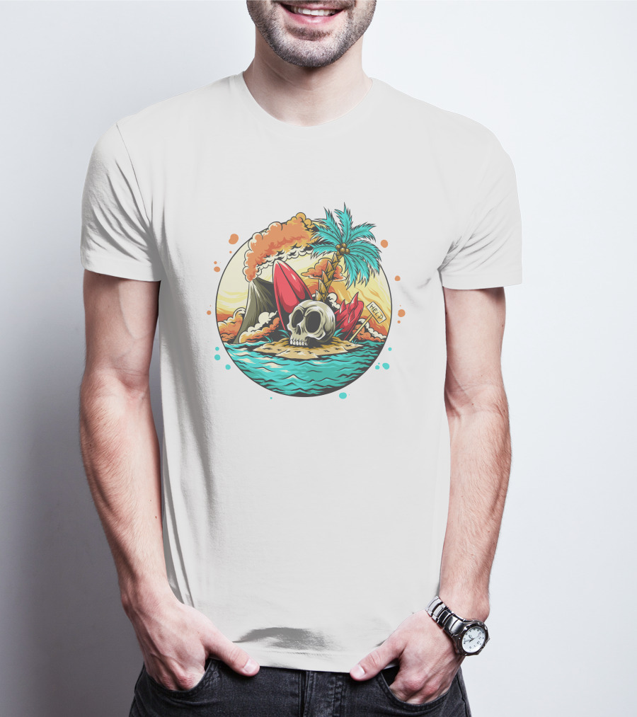 Summer Skull Island Paradise With Palm And Volcano T-Shirt