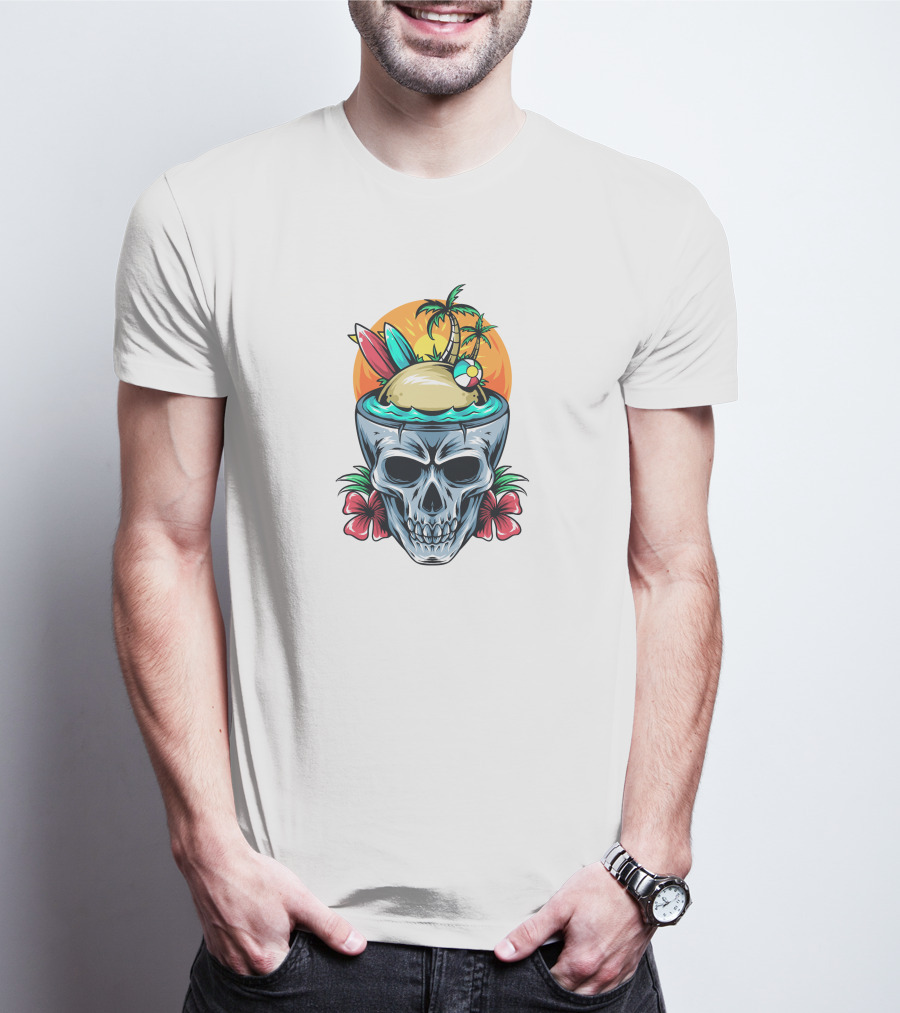 Summer Skull With Surfboards And Tropical Island T-Shirt