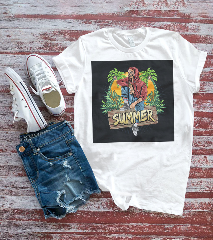 Skull Zombie Summer Tropical Vibes With Palm Trees And Sunset T-Shirt