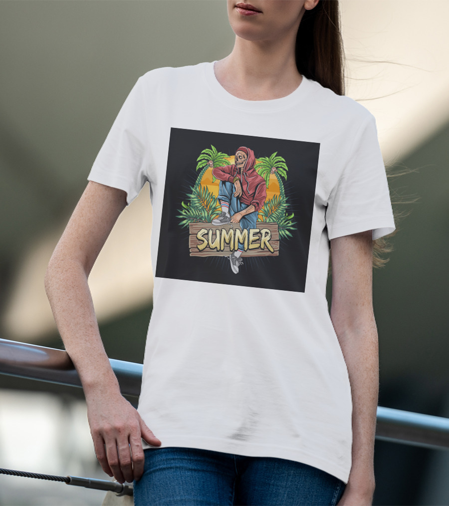 Skull Zombie Summer Tropical Vibes With Palm Trees And Sunset T-Shirt
