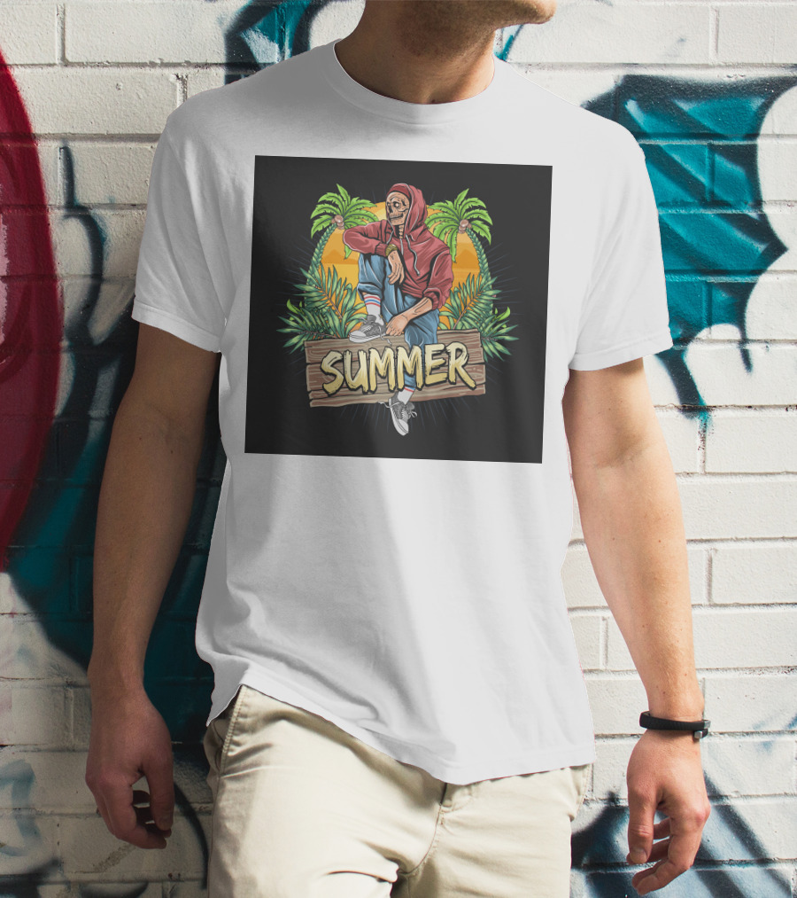 Skull Zombie Summer Tropical Vibes With Palm Trees And Sunset T-Shirt