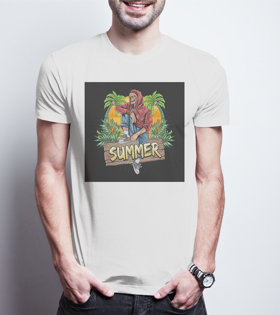 Skull Zombie Summer Tropical Vibes With Palm Trees And Sunset T-Shirt