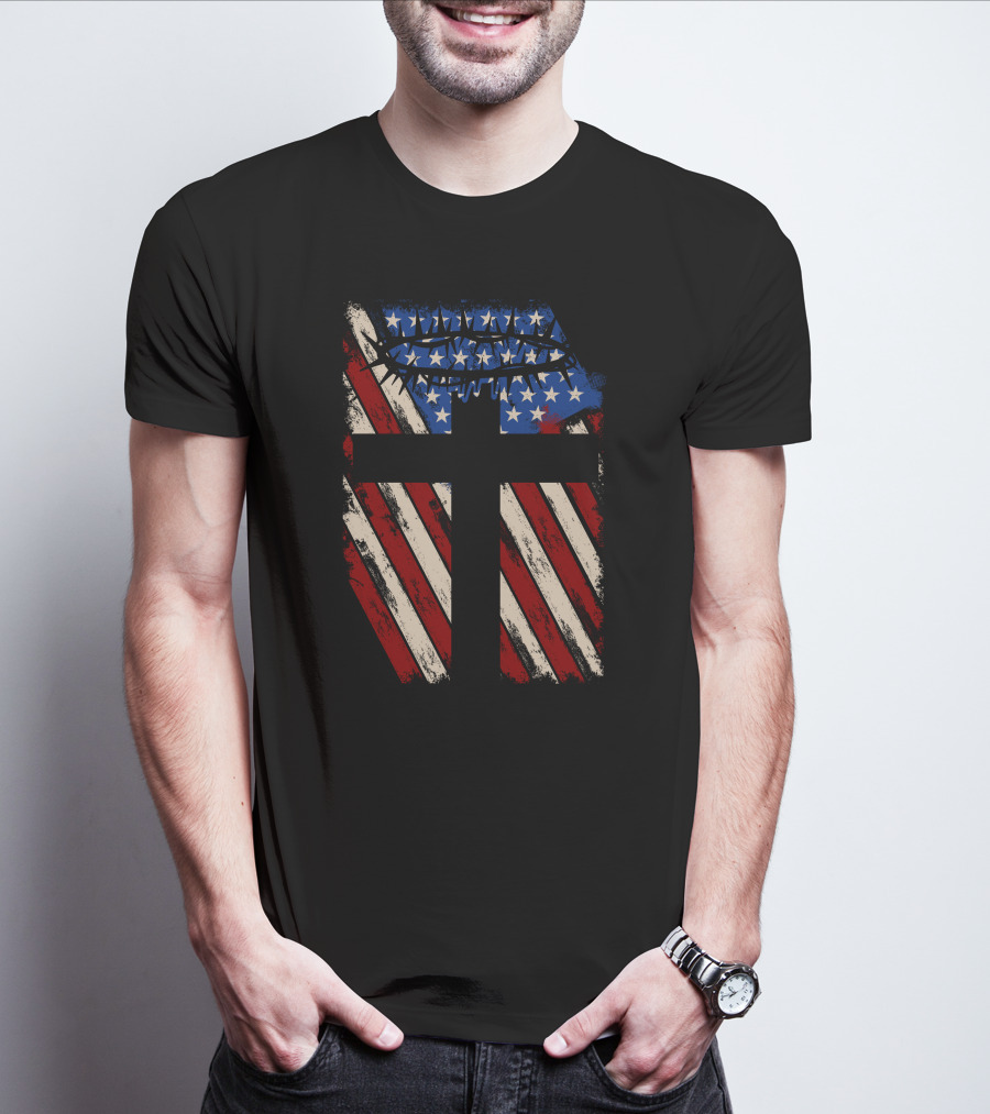 God Protect America American Flag Cross With Crown Of Thorns T-Shirt