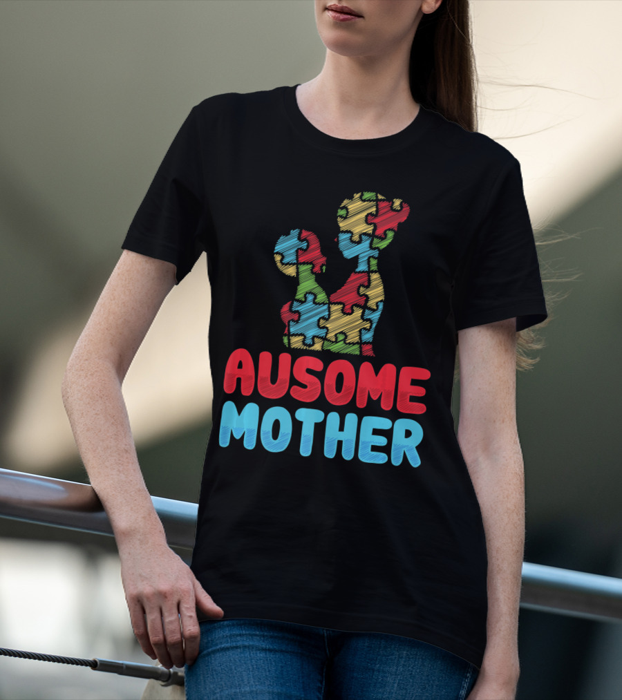 Ausome Mother Colorful Puzzle Piece Autism Awareness T-Shirt