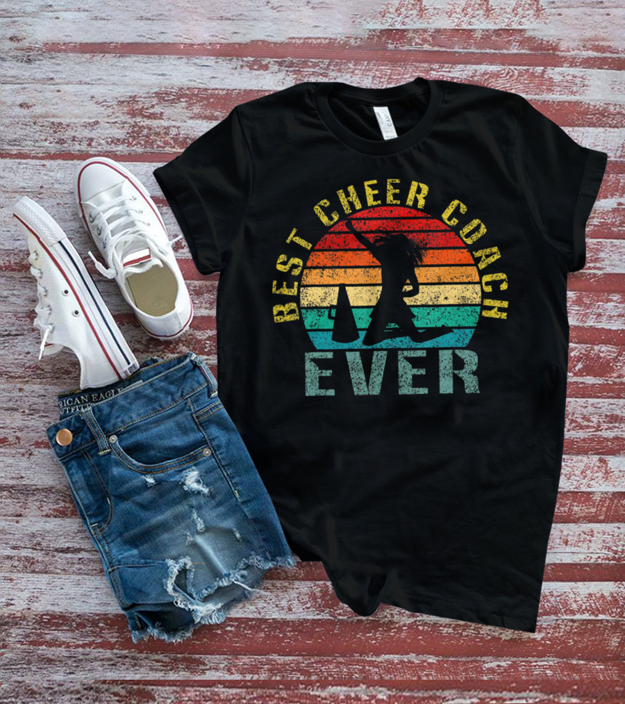 Best Cheer Coach Ever Vintage Silhouette With Megaphone And Sunset Stripes T-Shirt