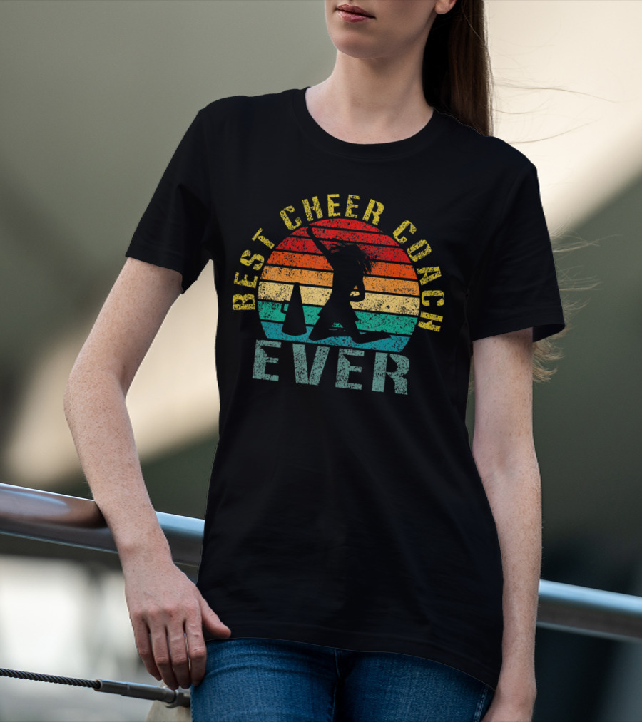 Best Cheer Coach Ever Vintage Silhouette With Megaphone And Sunset Stripes T-Shirt
