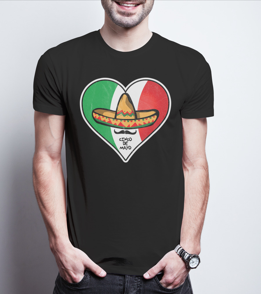 Cinco De Mayo Vintage Sombrero Heart Mexican Flag T-Shirt