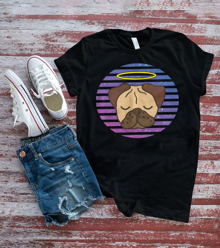 Cute Pug Halo Retro Stripes T-Shirt