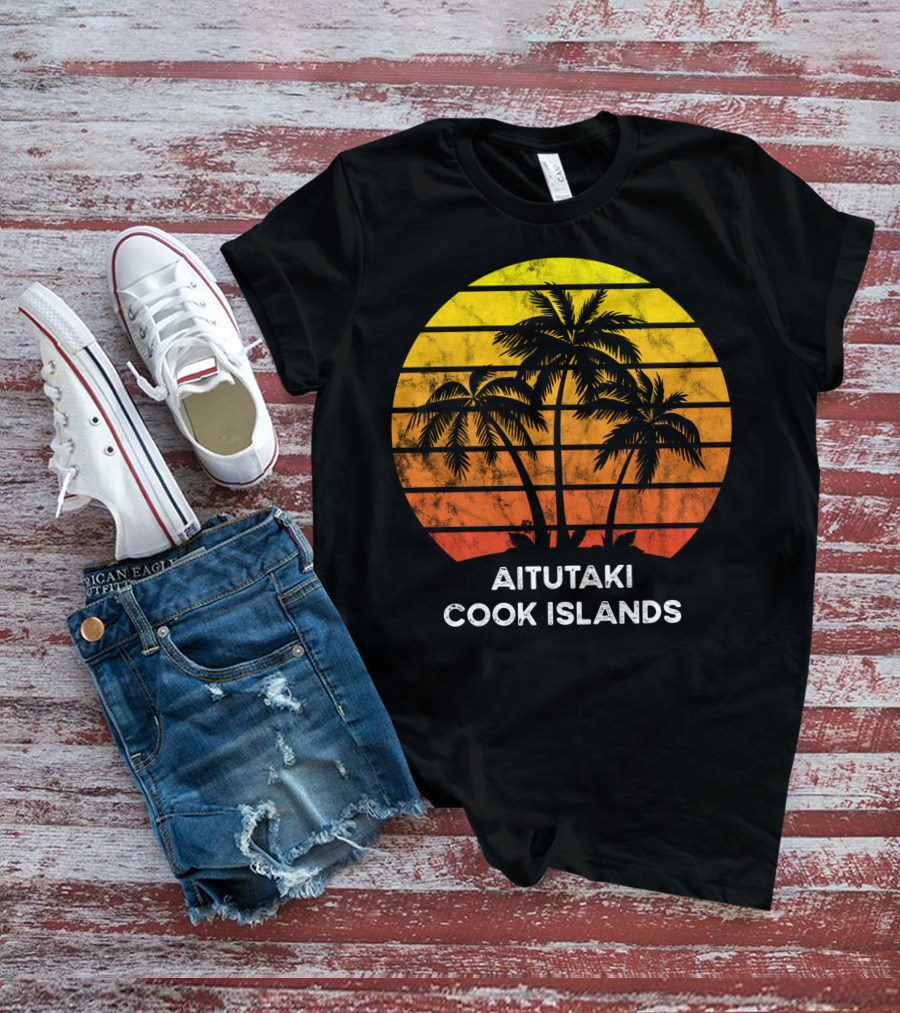 Aitutaki Cook Islands Sunset Palm Tree Vacation Beach Scene T-Shirt