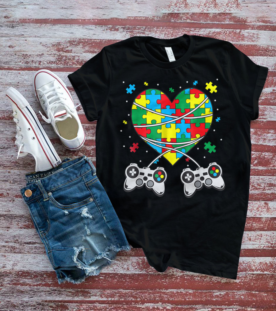 Boys Autism Awareness Month Puzzle Heart Video Game Controllers T-Shirt