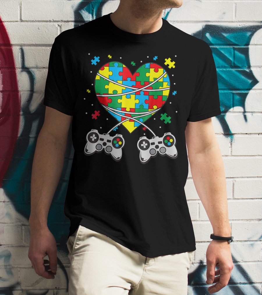 Boys Autism Awareness Month Puzzle Heart Video Game Controllers T-Shirt