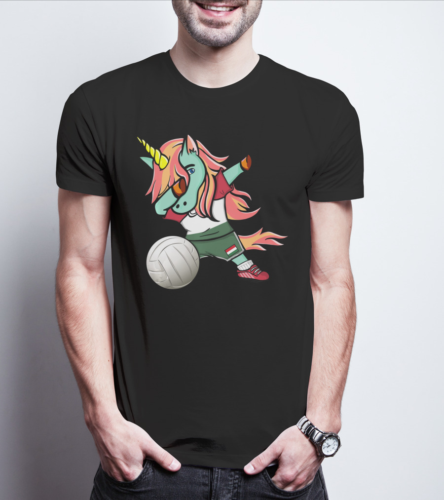 Dabbing Unicorn Hungarian Volleyball Lovers With Flag Jersey T-Shirt