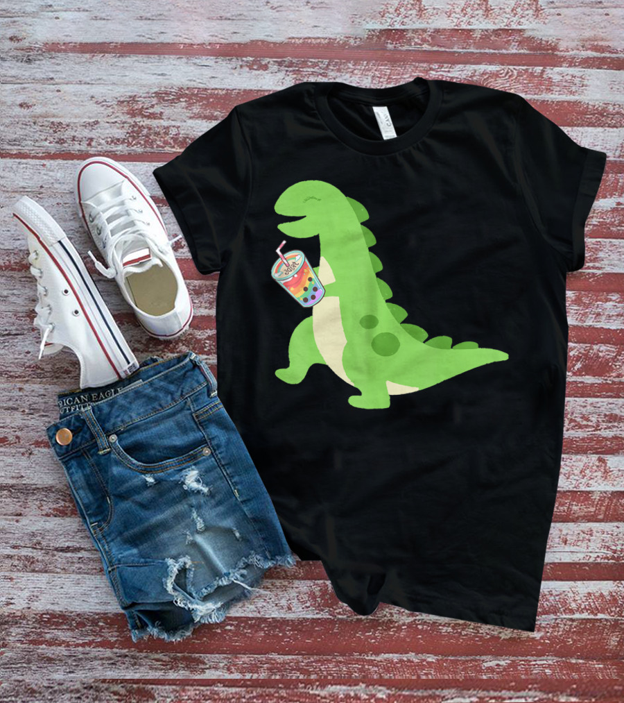 Dino Drinking Bubble Tea With Colorful Boba T-Shirt