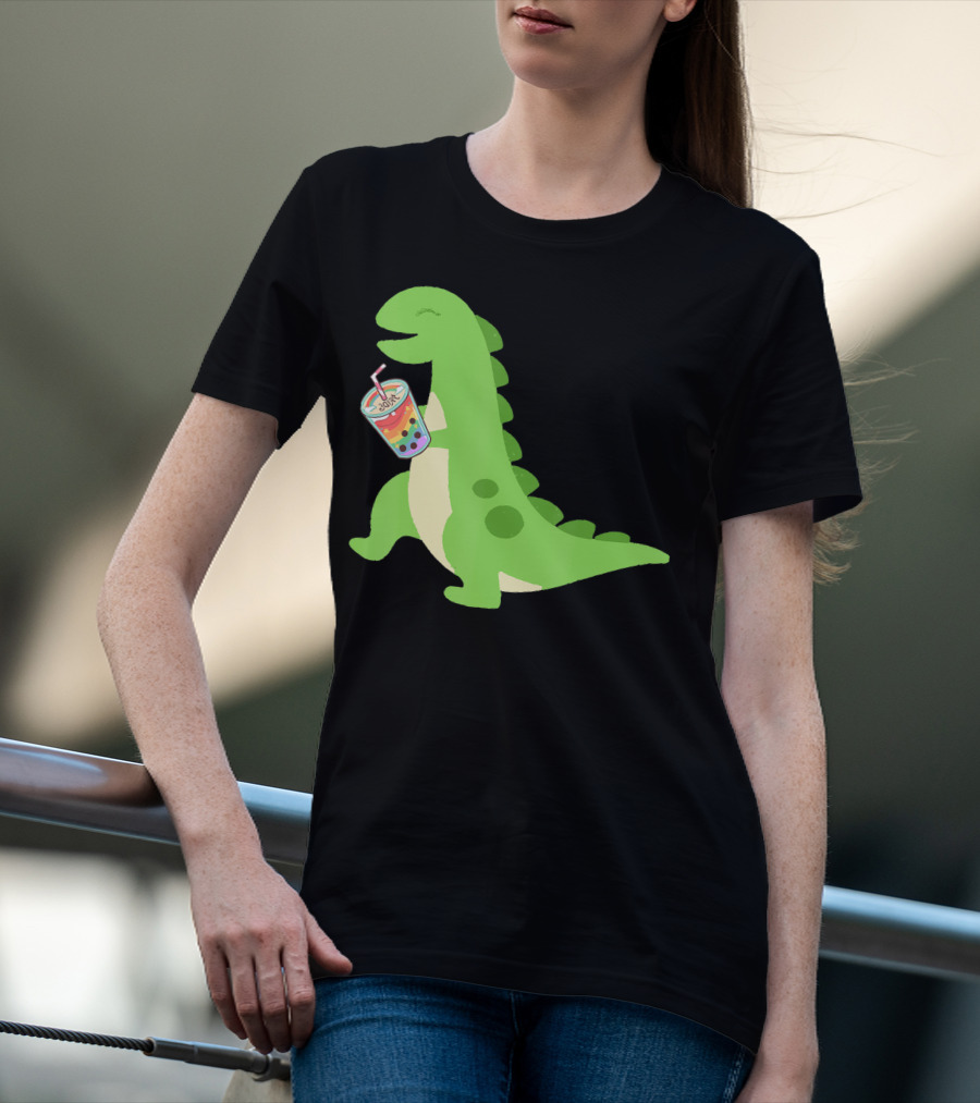 Dino Drinking Bubble Tea With Colorful Boba T-Shirt