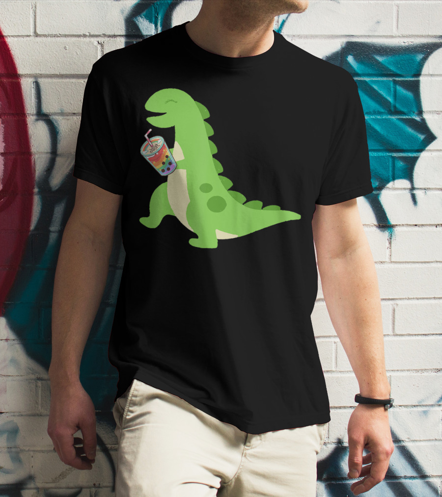 Dino Drinking Bubble Tea With Colorful Boba T-Shirt