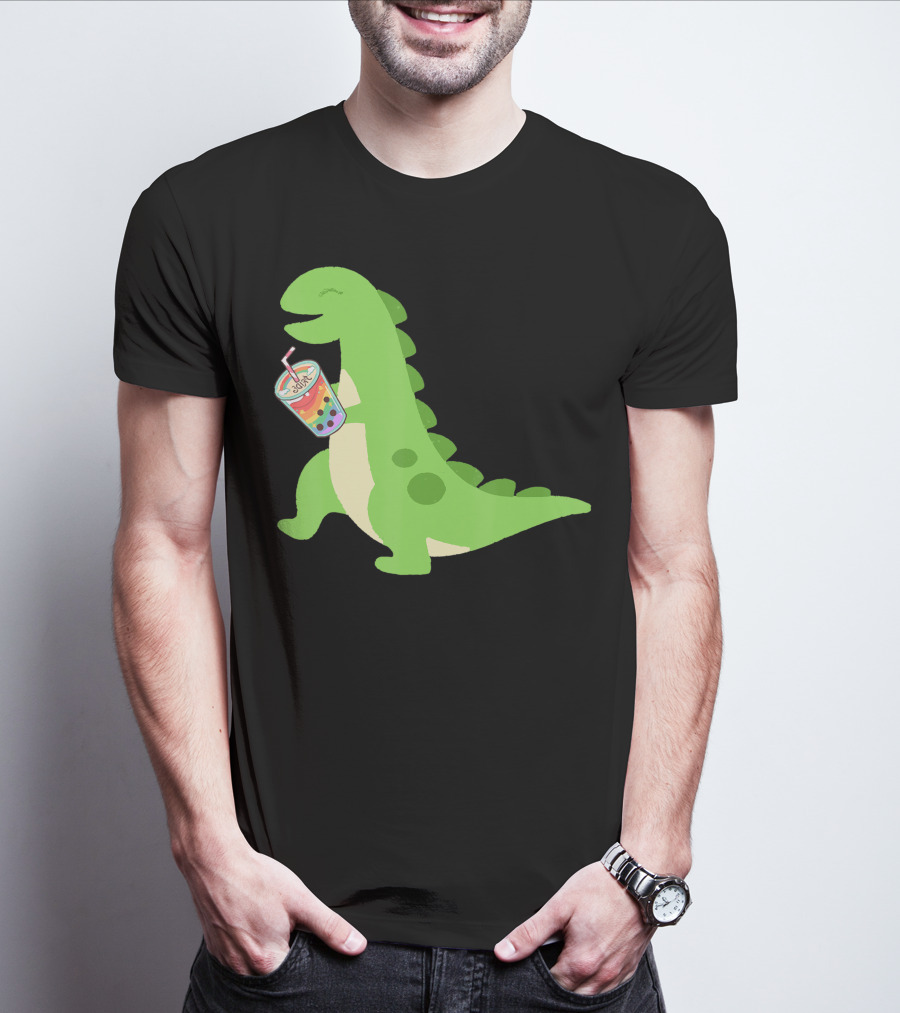 Dino Drinking Bubble Tea With Colorful Boba T-Shirt
