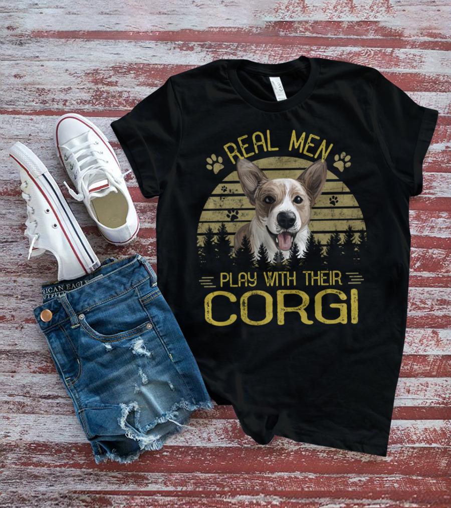 Real Men Play With Their Corgi Dog Adventure Forest Scene T-Shirt