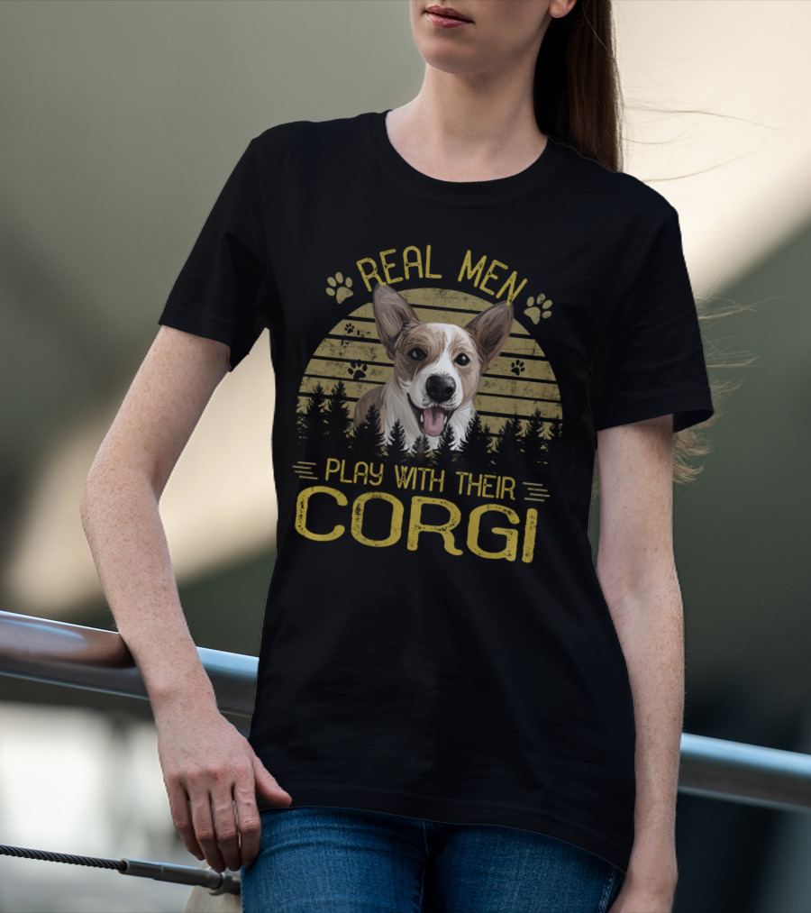 Real Men Play With Their Corgi Dog Adventure Forest Scene T-Shirt